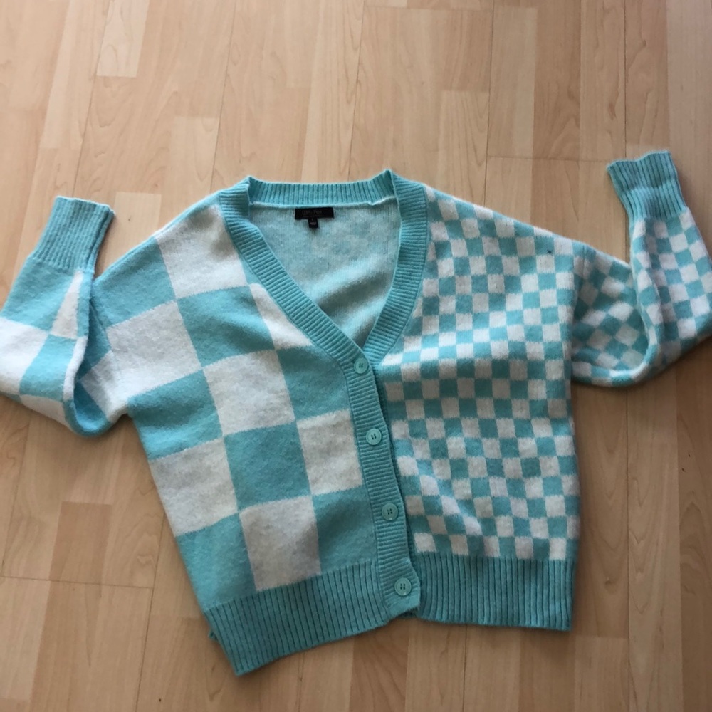 ross checkered blue cardigan